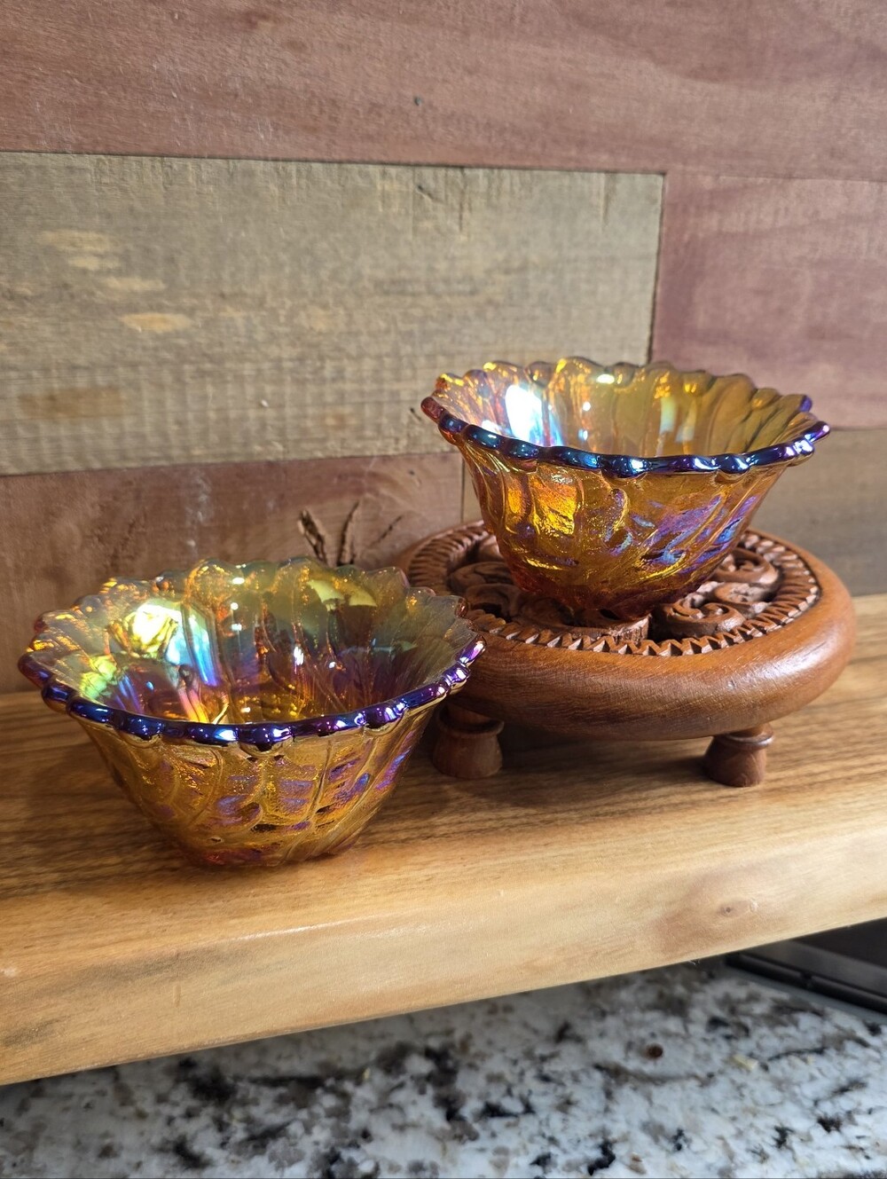 Iridescent Amber Carnival Glass  Taper Candleholders - Pair